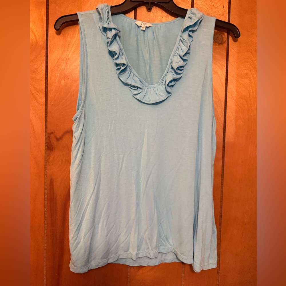Crown & Ivy Ruffled Light Blue Sleeveless Tank Top